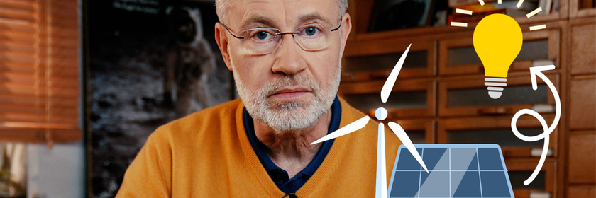 Collage: Harald Lesch hinter Grafiken (Windrad, Solarzellen)