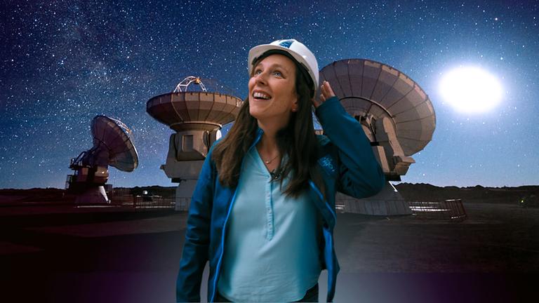 Collage: Suzanna Randall vor dem ALMA-Teleskop