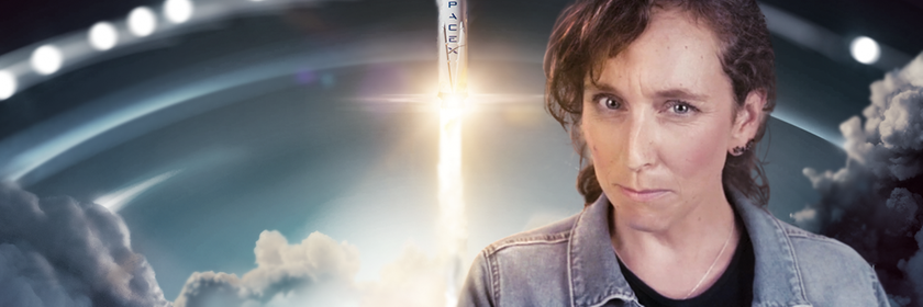 Grafik: Suzanna Randall neben Satellit