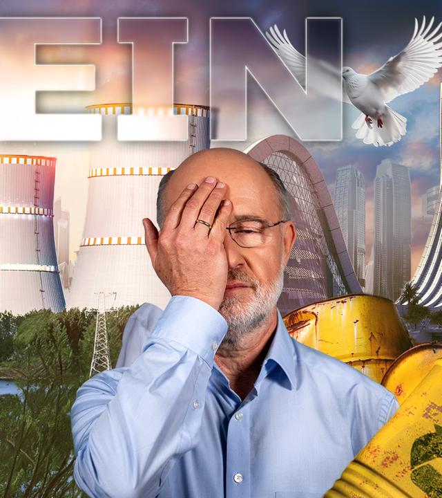 Harald Lesch  vor Reaktoren und Giftmüllfässern, hält ein Auge zu