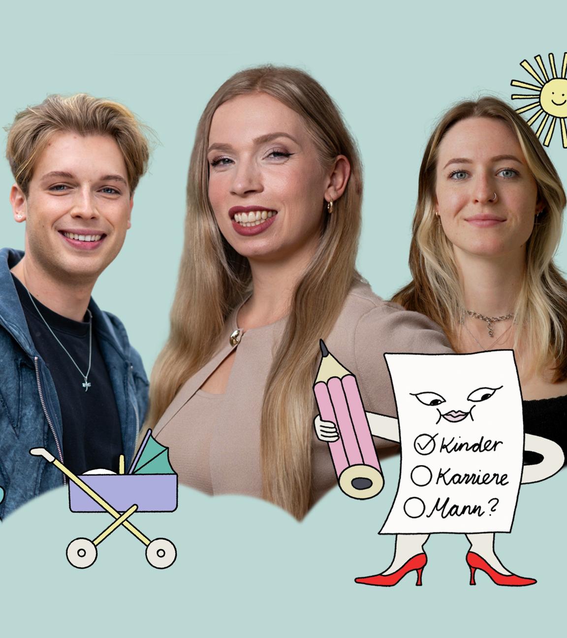 Collage der drei Protagonisten, die von gezeichneten Symbolen, wie einer Sonne, drei Herzen, einem Kinderwagen und weiteren, umgeben sind.