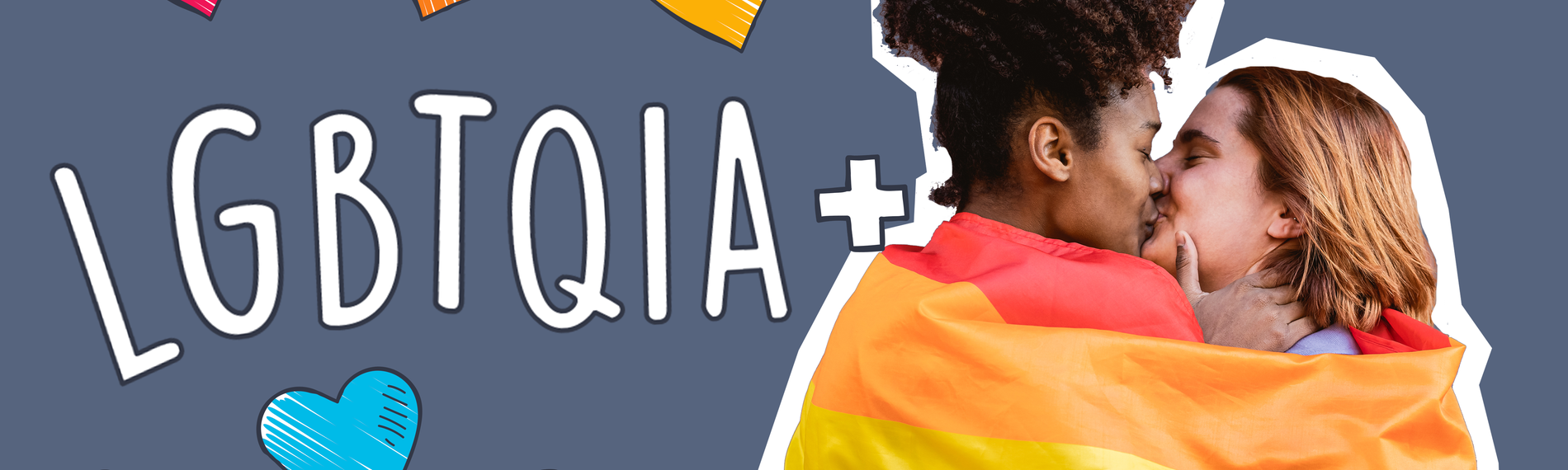 Lesbisches Paar, Herzchen in Regenbogenfarben und ein LGBTQIA+-Schriftzug