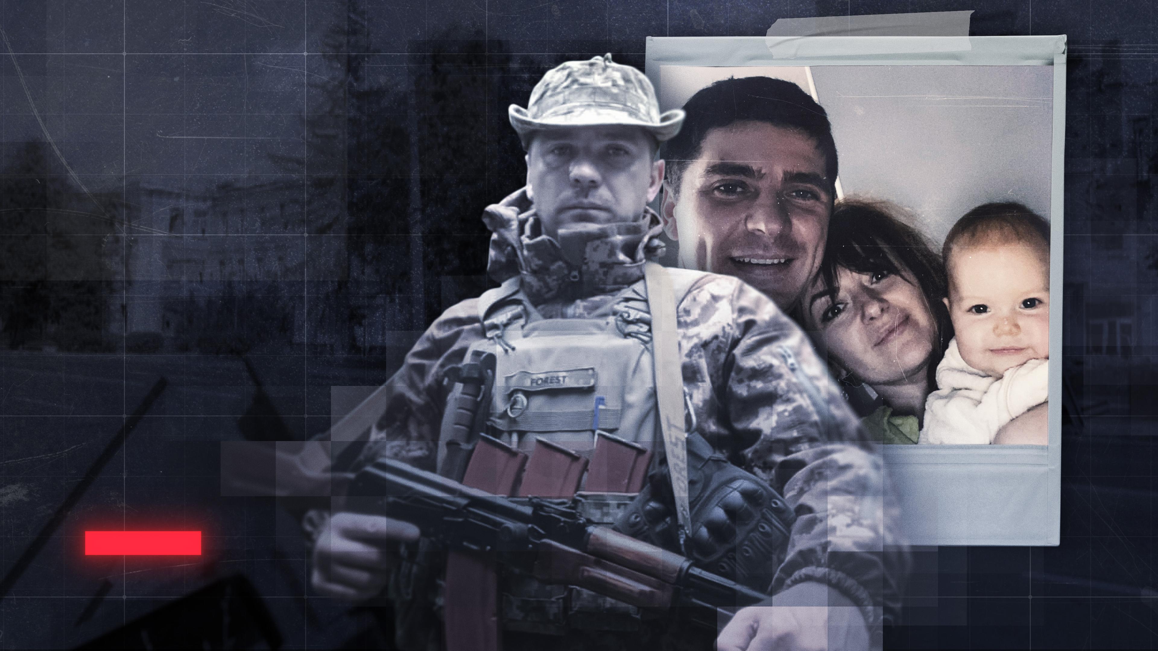 Bildcollage: Ukrainischer Mann in Militäruniform und mit Gewehr in der Hand, dahinter Polaroid des Mannes mit Frau und Baby aus Zeiten vor dem Krieg