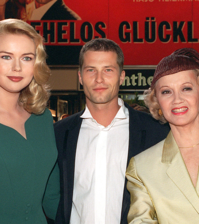 Veronica Ferres (l-r), Til Schweiger und Liselotte Pulver am Rande der Dreharbeiten für den Film "Das Superweib"