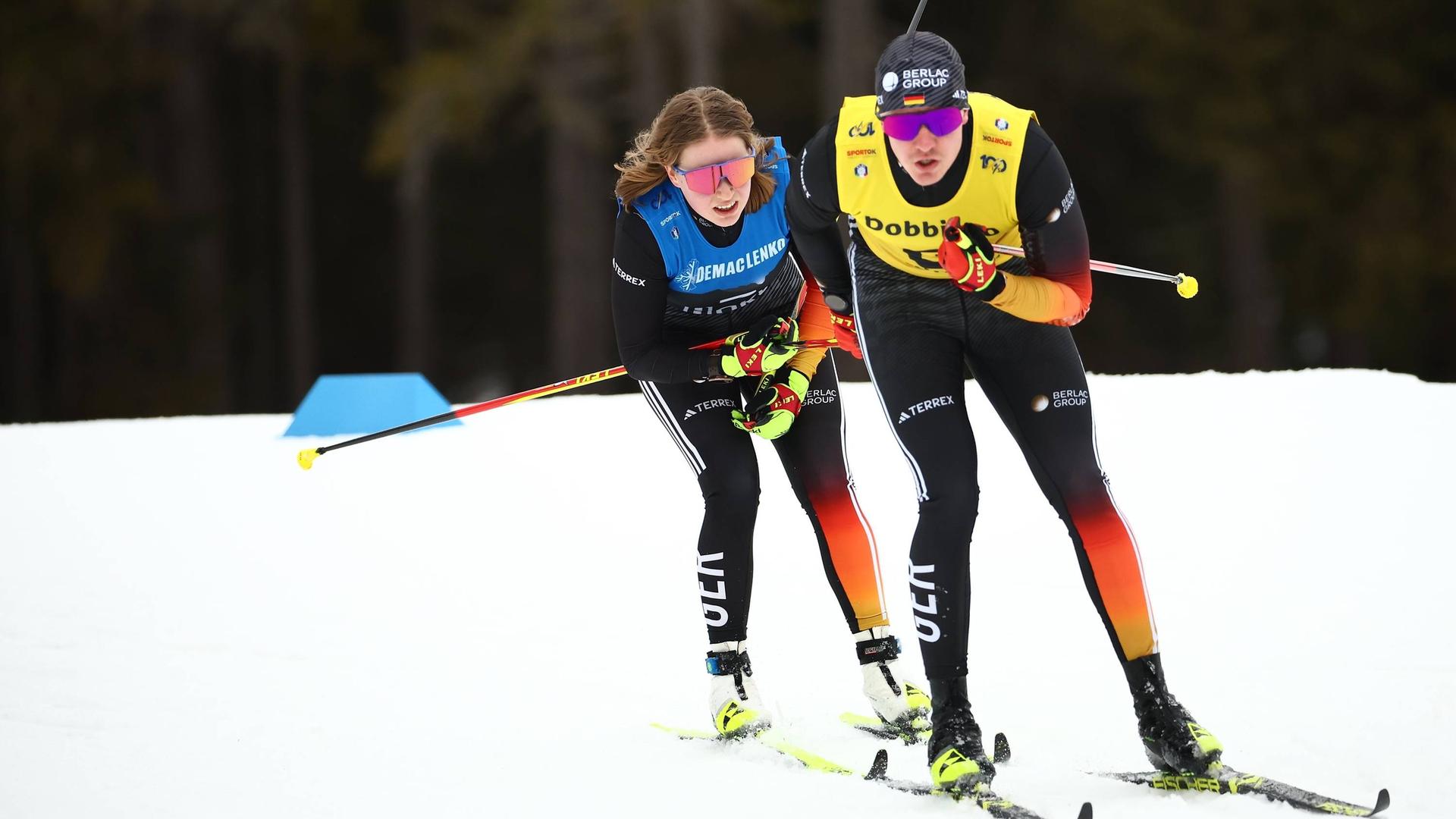 Deutschlands Linn Kazmaier und ihr Guide Florian Baumann in Aktion beim Wettkampf in Toblach am 12.02.2025.