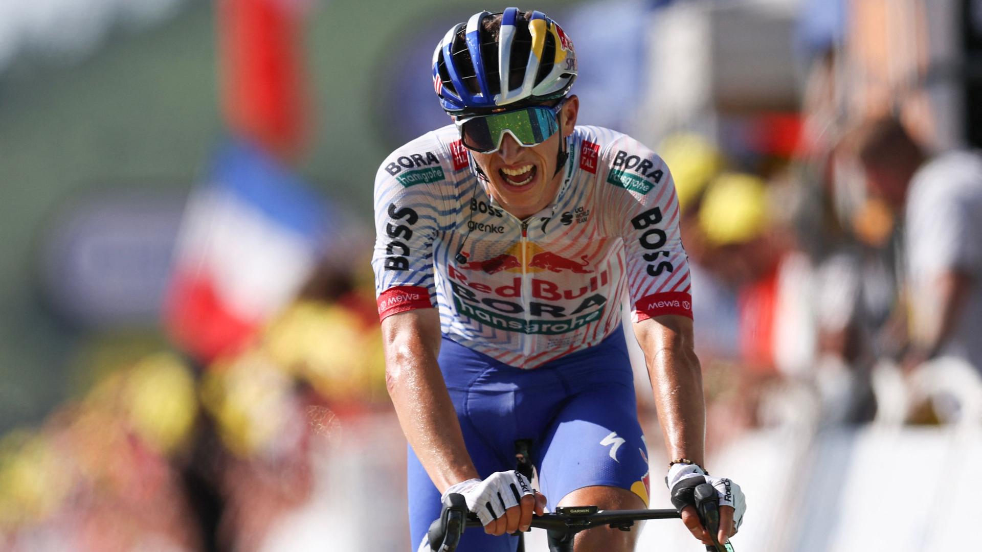 Tour de France, Auch - Hautacam (180,60 km), 12. Etappe: Florian Lipowitz fährt als Dritter ins Ziel.