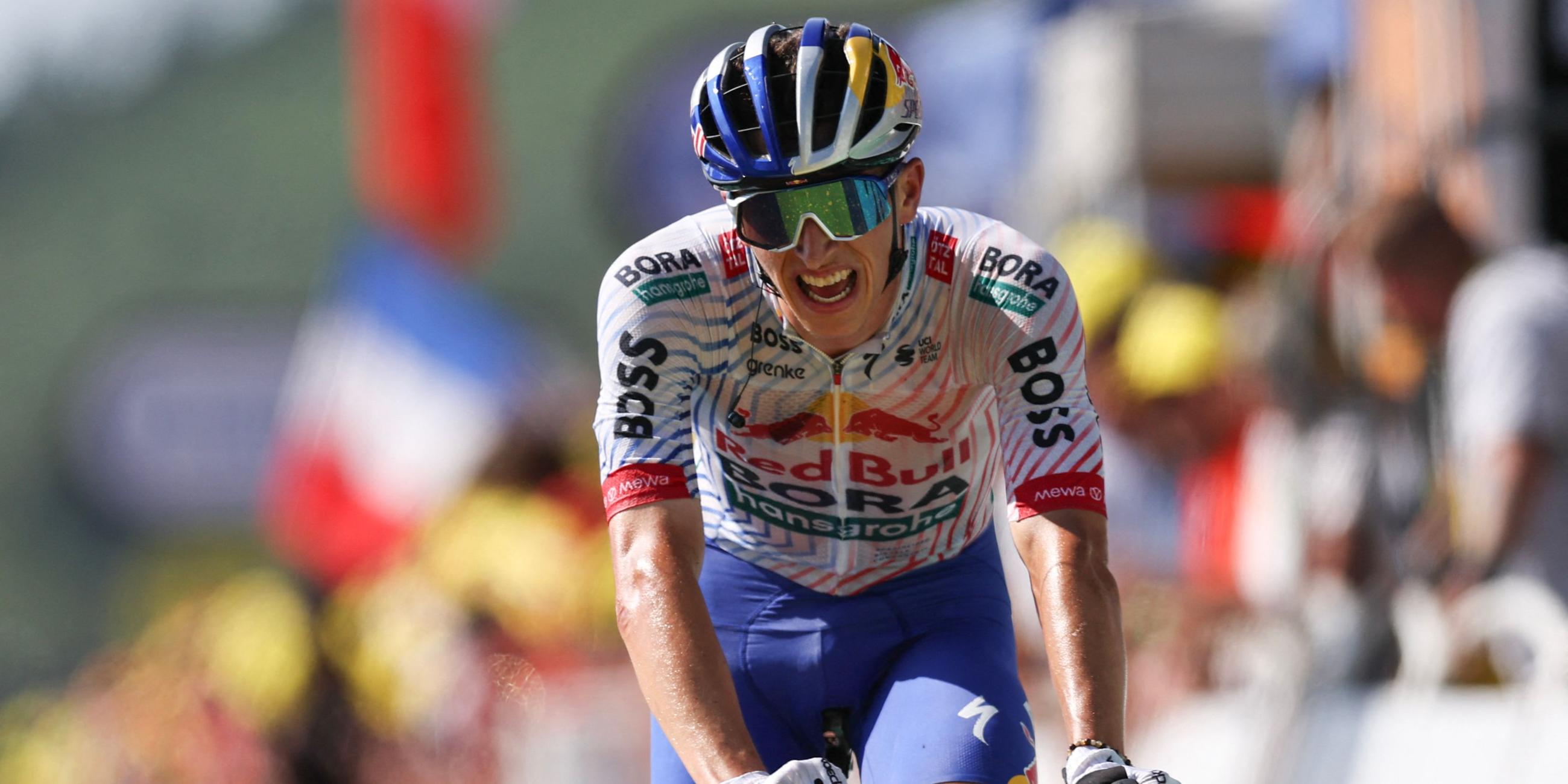 Tour de France, Auch - Hautacam (180,60 km), 12. Etappe: Florian Lipowitz fährt als Dritter ins Ziel.