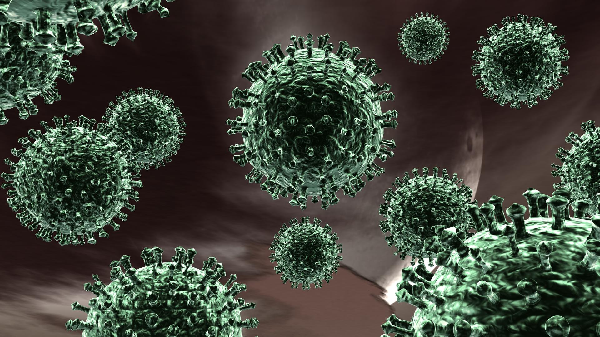 Symbolhafte grafische Darstellung von Viren in der Nahaufnahme.