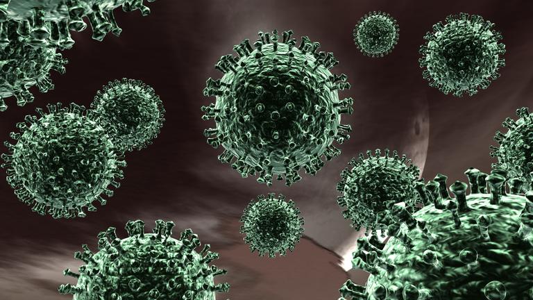 Symbolhafte grafische Darstellung von Viren in der Nahaufnahme.