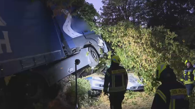 Lkw fällt Baum und begräbt Auto unter sich