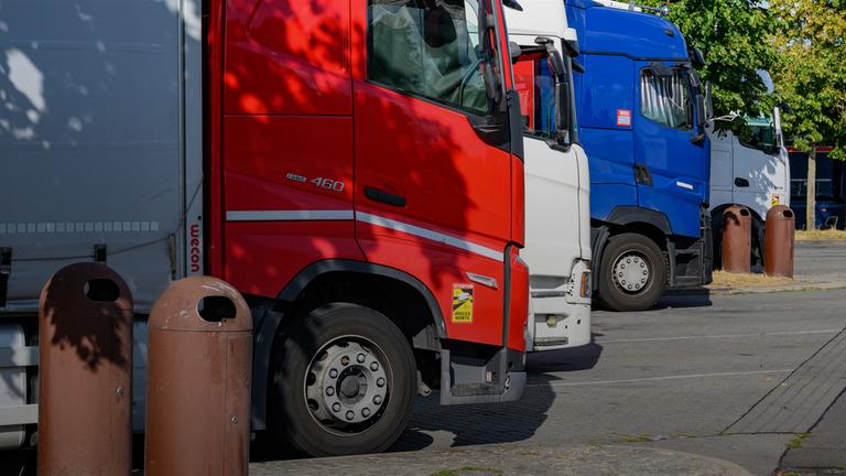 Lkw stehen auf einem Rastplatz an der Autobahn A12. 