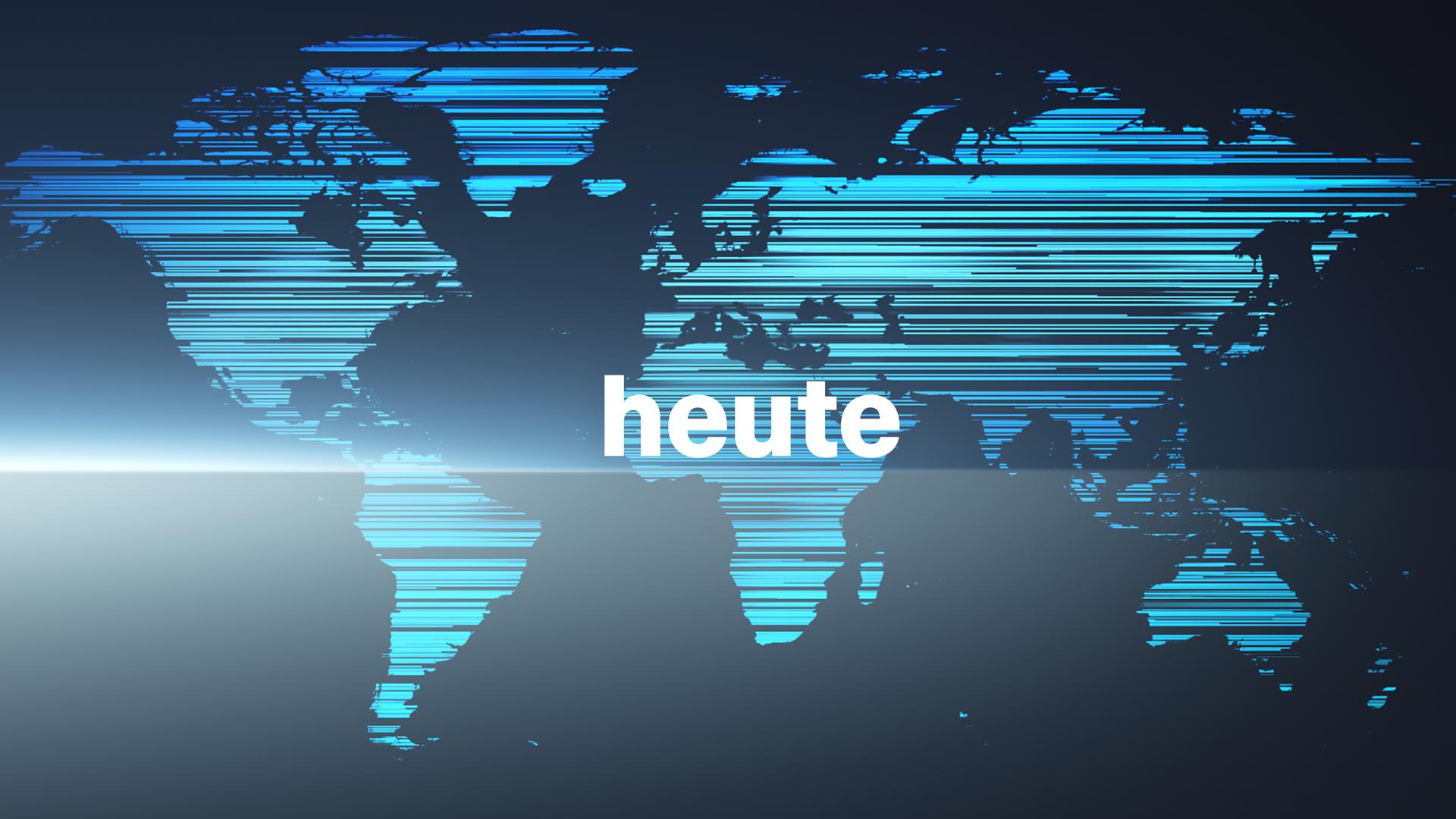 Das Logo der "heute"-Nachrichten: "heute" in weißer Schrift vor einer blauen Weltkarte.