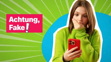 Collage: Cutout Mädchen vor grun-blauem Hintergrund hält sich hand vor Gesicht und schaut auf Handy, daneben Textfeld "Achtung, Fake!"