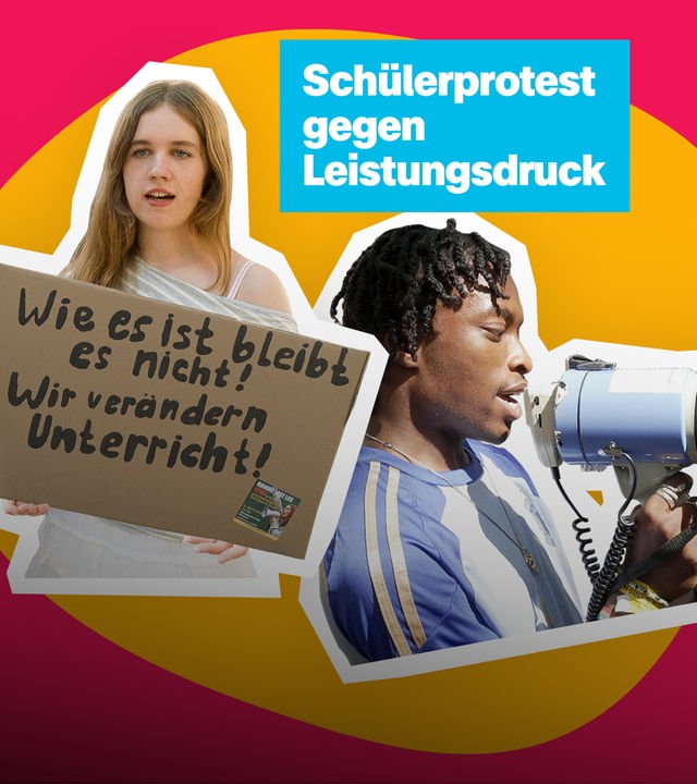 Eine Collage mit rot, gelbem Hintergrund zeigt einen Jungen und ein Mädchen. Er hält ein Megafon in der Hand, sie ein Plakat. Darüber steht in einem blauen Kasten: Schülerprotest gegen Leistungsdruck
