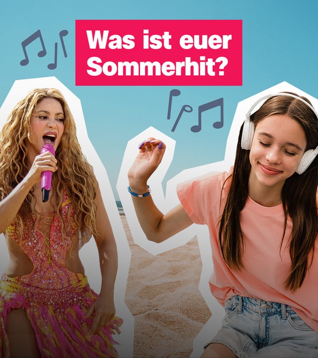 Eine Collage zeigt ein Strandfoto, davor steht Shakira und ein Mädchen mit Kopfhörern, darüber Noten und die Frage: Was ist euer Sommerhit?