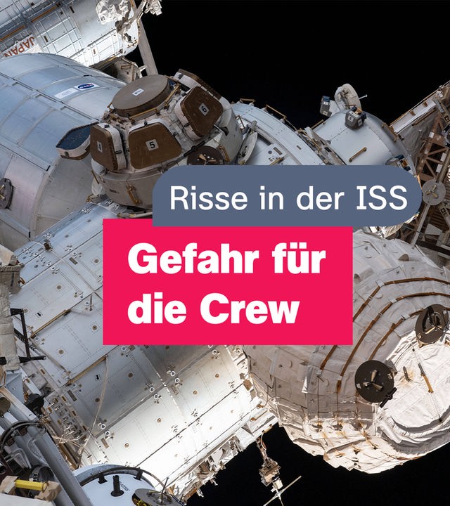 Die Raumstation ISS. Darüber steht in einem roten Kasten: Risse in der ISS, Gefahr für die Crew?