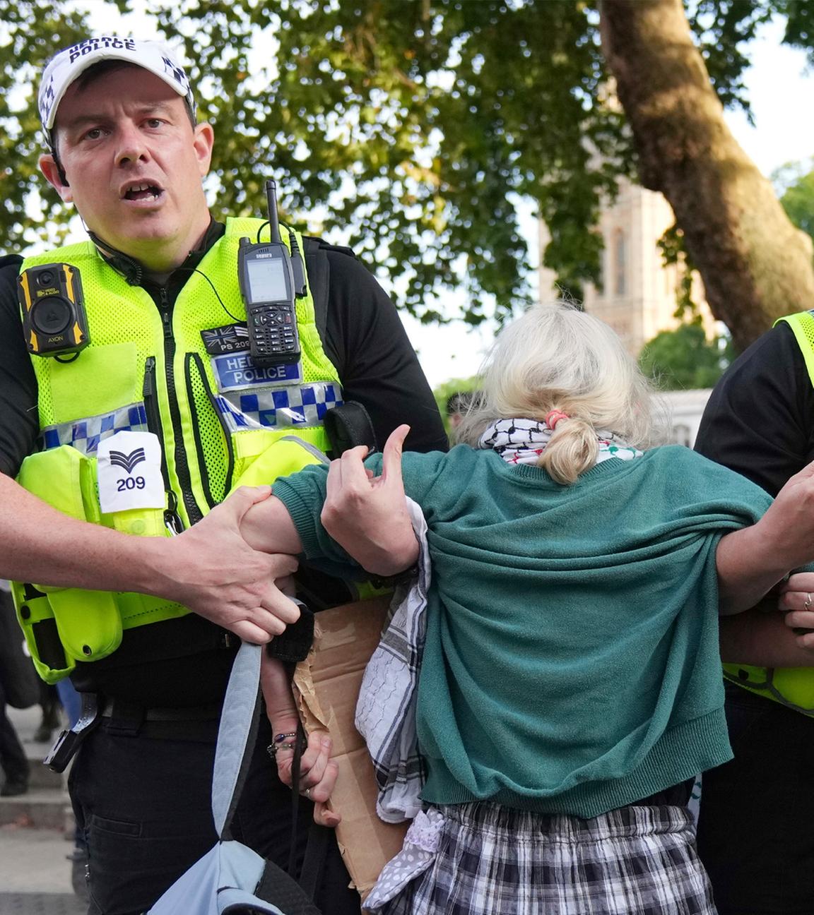 Polizisten tragen einen Demonstranten während einer Protestaktion zur Unterstützung von Palestine Action am Samstag, 6. September 2025, in London.