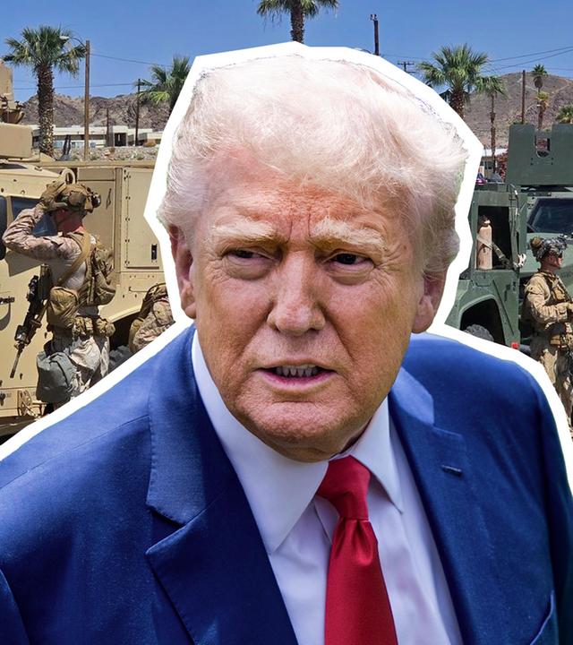 US-Präsident Donald Trump, im Hintergrund Militärfahrzeuge