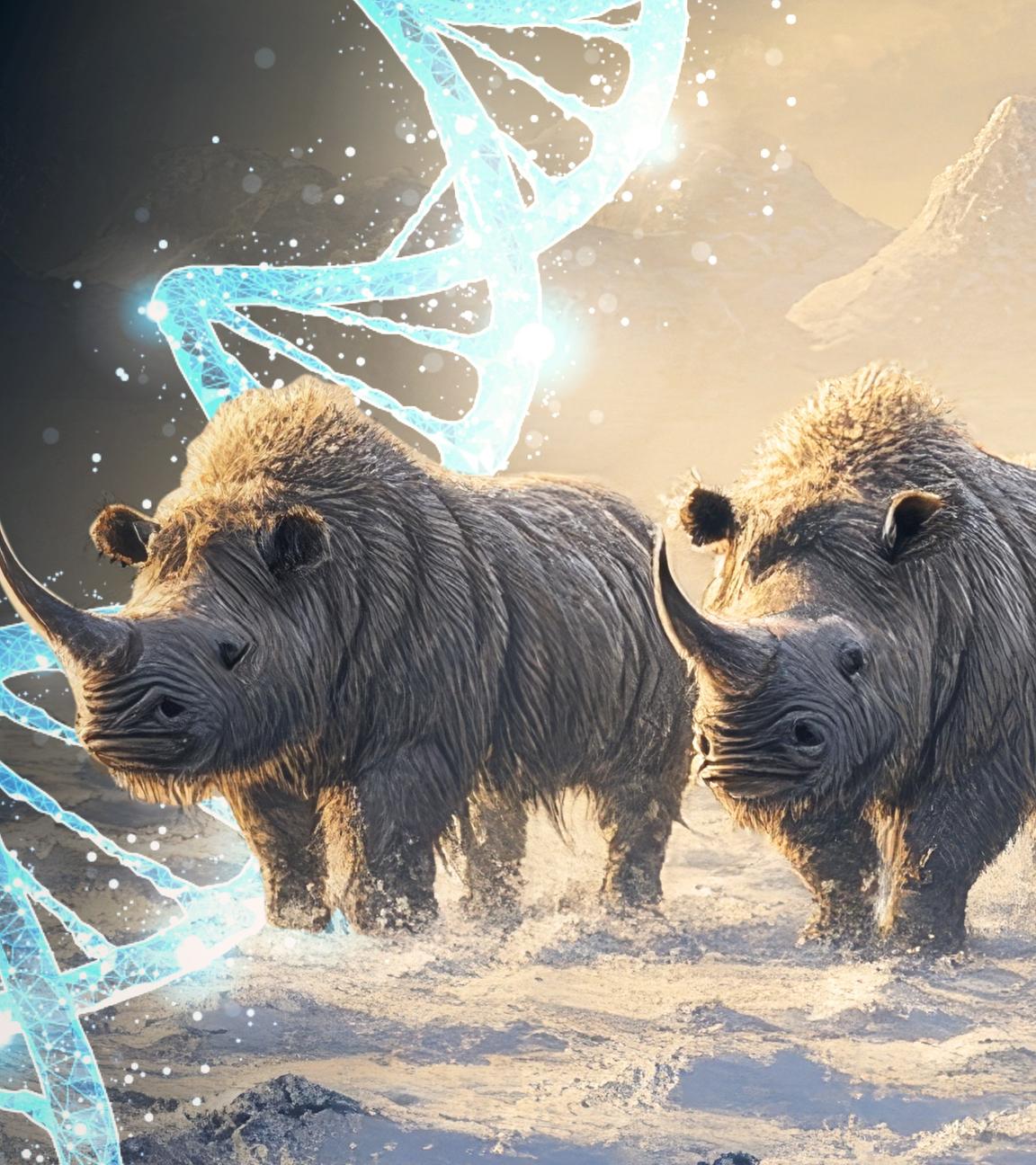 Computergeneriertes Bild: Eine Gruppe Wollnashörner streift durchs ewige Eis. An der Seite dahinter liegt die graphische Abbildung einer blauen DNA-Doppelhelix.