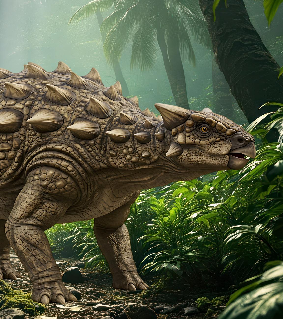 Computergeneriertes Bild: Ein ausgewachsener Ankylosaurus steht in einem Wald. An der Seite hinter ihm liegt die graphische Darstellung einer blauen DNA-Doppelhelix.