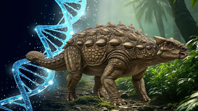 Computergeneriertes Bild: Ein ausgewachsener Ankylosaurus steht in einem Wald. An der Seite hinter ihm liegt die graphische Darstellung einer blauen DNA-Doppelhelix.