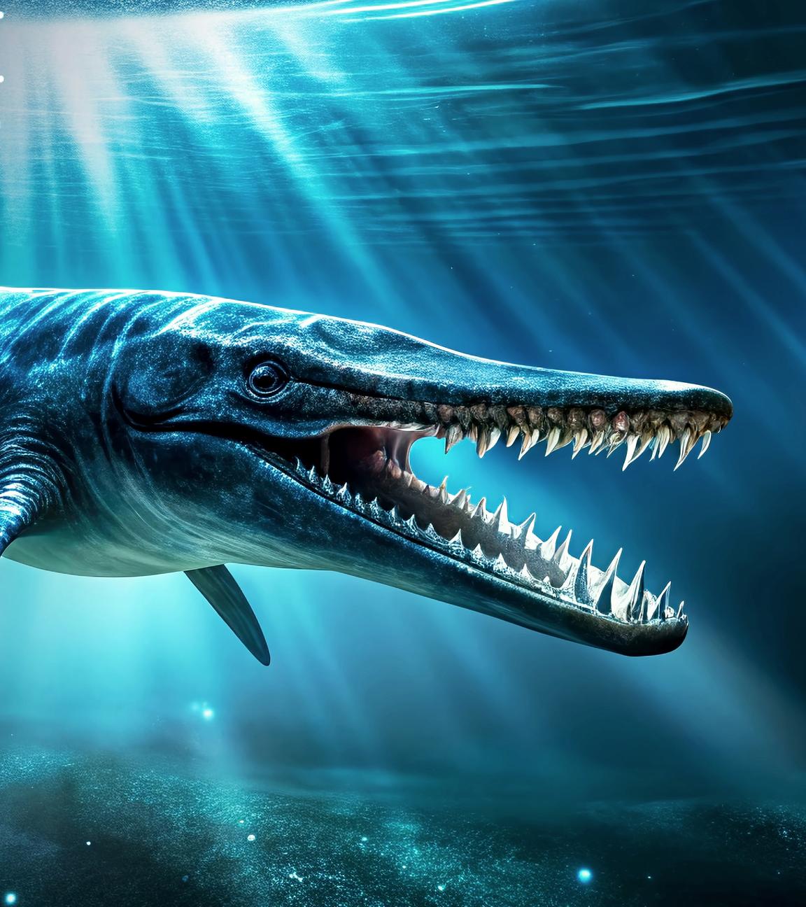 Animation eines Mosasaurier, der in den Tiefen des Meeres schwimmt.