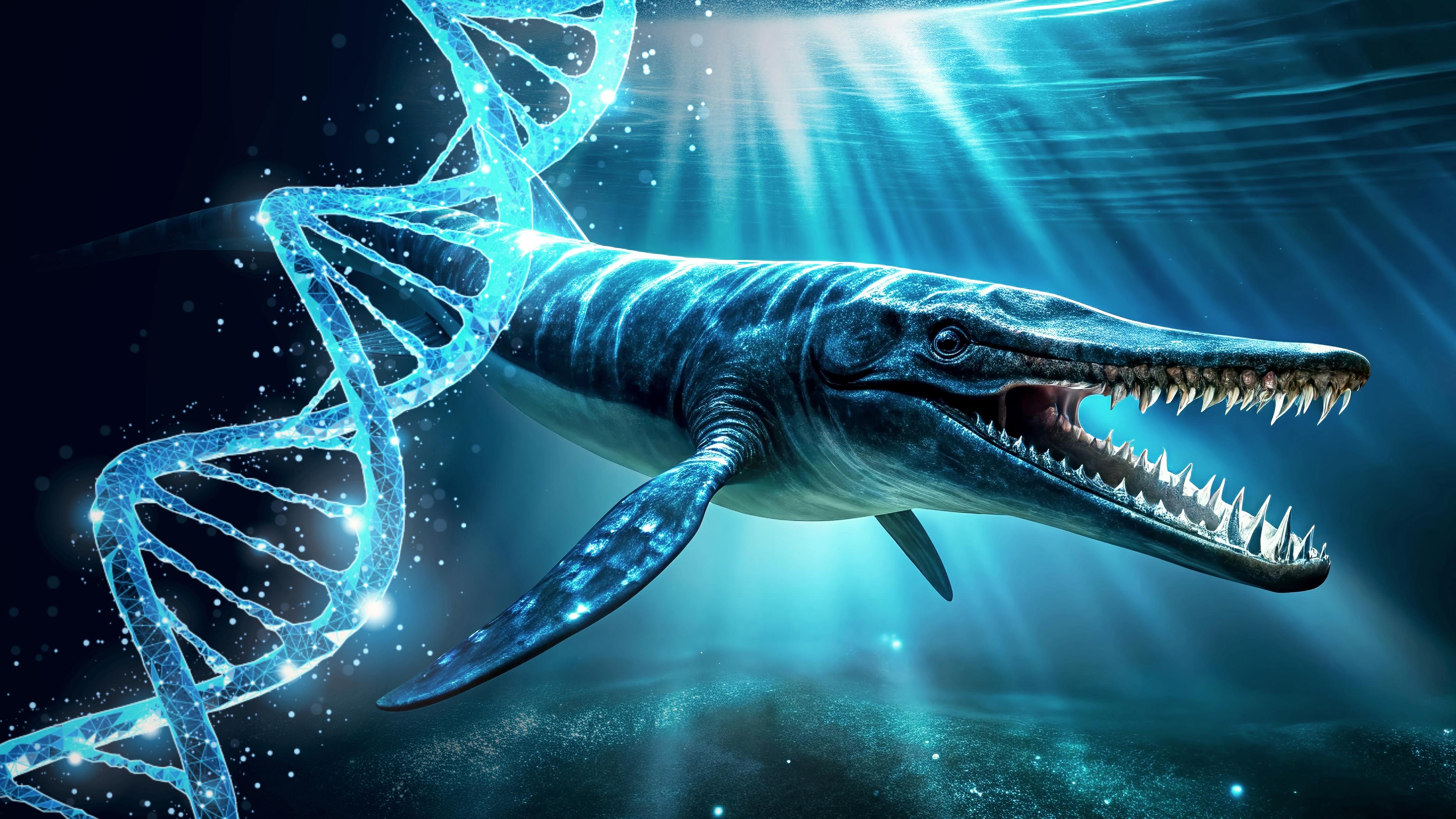 Animation eines Mosasaurier, der in den Tiefen des Meeres schwimmt.
