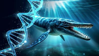 Animation eines Mosasaurier, der in den Tiefen des Meeres schwimmt.
