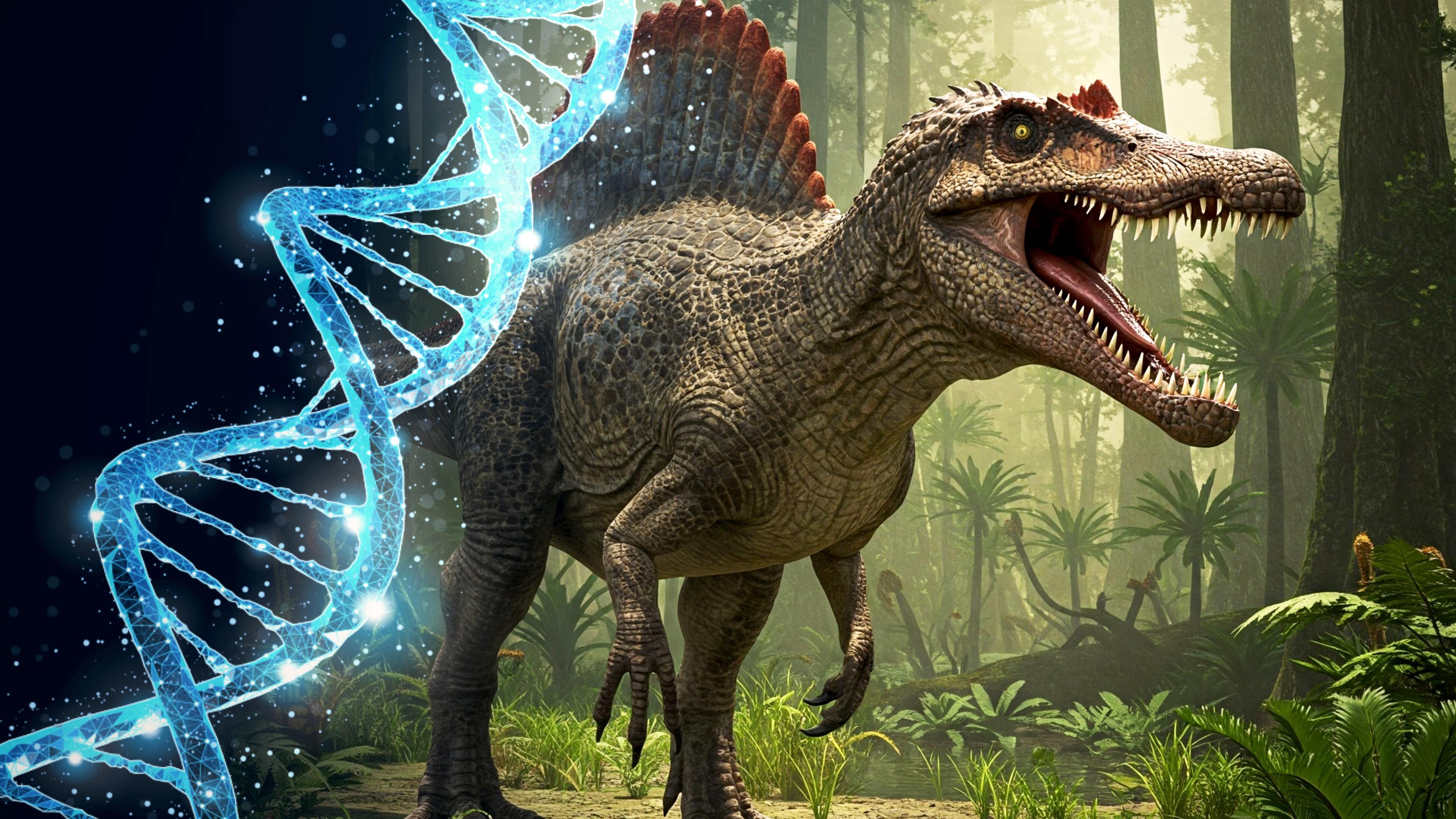 Animation eines Spinosaurus. Er streift durch den Wald, das Maul ist aufgerissen.
