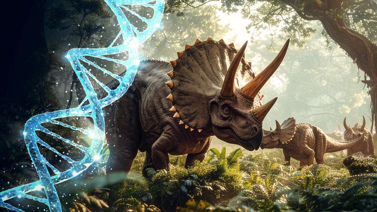 Computergeneriertes Bild: Eine kleinen Gruppe von Triceratops steht auf einer Waldlichtung. An der Seite liegt die grafische Abbildung einer blauen DNA-Doppelhelix.