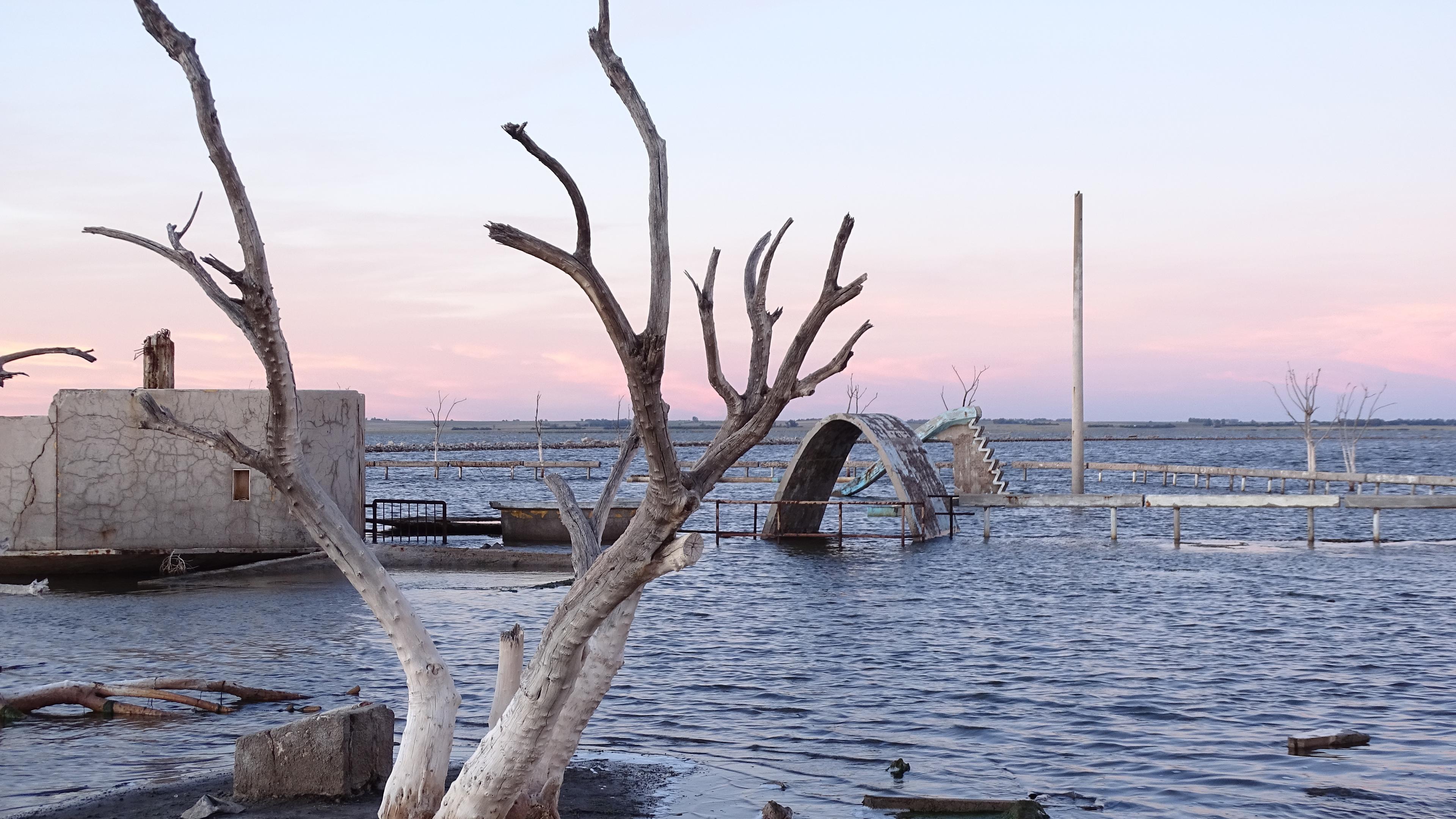 Außenaufnahme des ehemaligen Schwimmbads von Epecuén. Ein Baum ragt aus dem Wasser. Im Hintergrund sind der Rest eines Sprungturms und einer Wasserrutsche zu sehen.