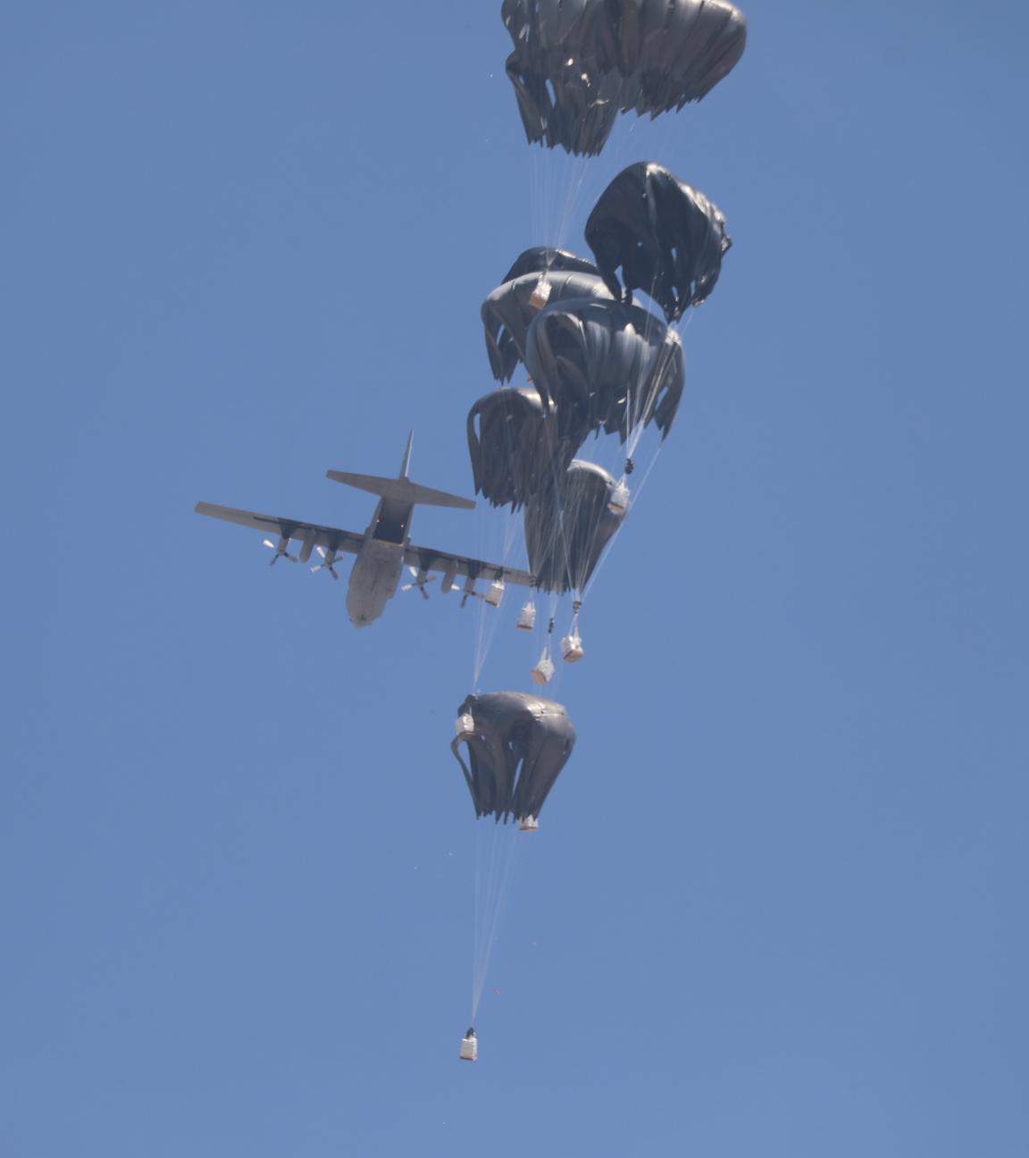 July 27, 2025, Gaza City, Gaza Strip, Palestinian Territory: An airplane drops humanitarian aid over Gaza as seen from northern Gaza Strip July 27, 2025 