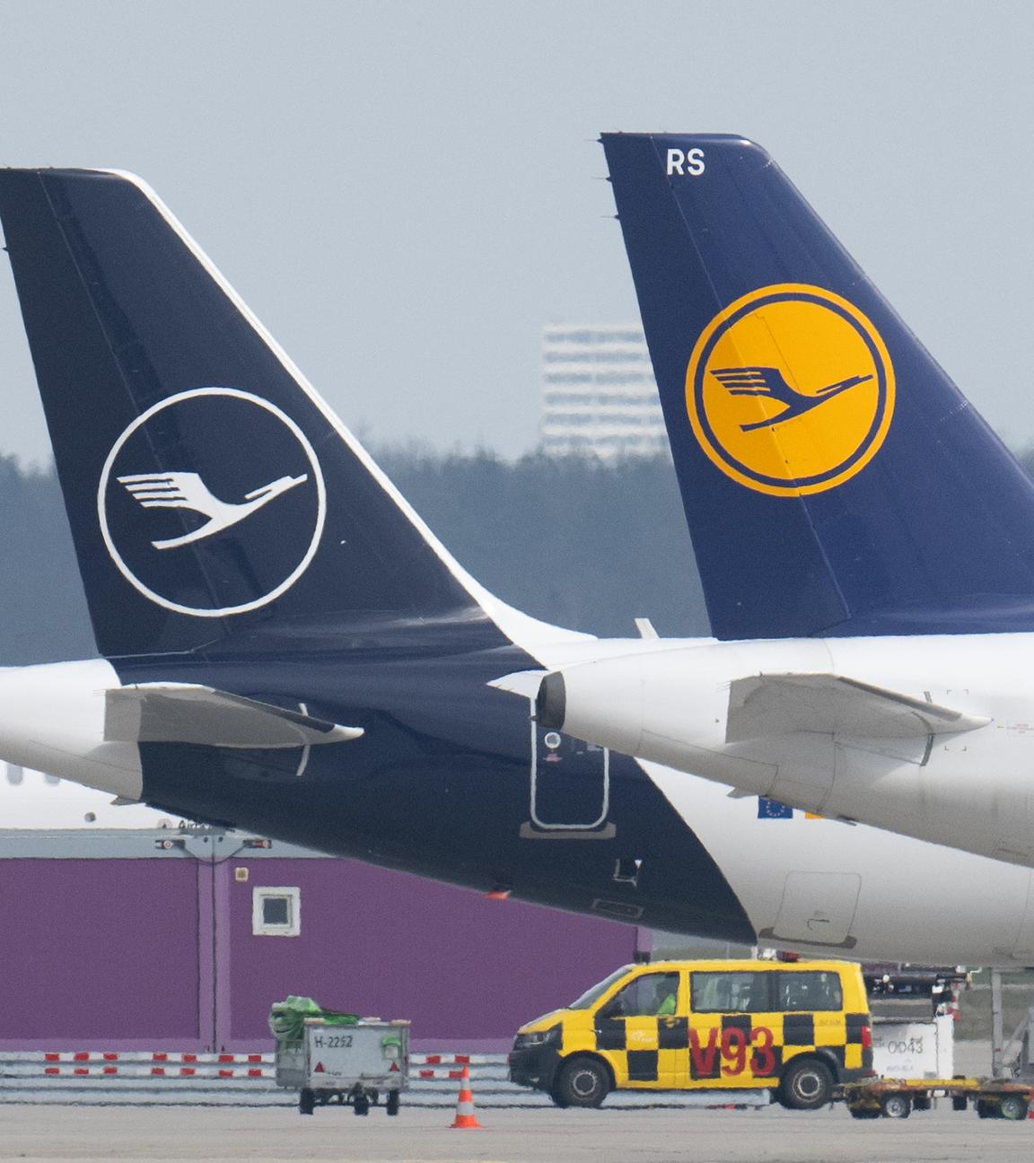 Flugzeuge der Fluggesellschaft Lufthansa stehen auf dem Rollfeld eines Flughafens.