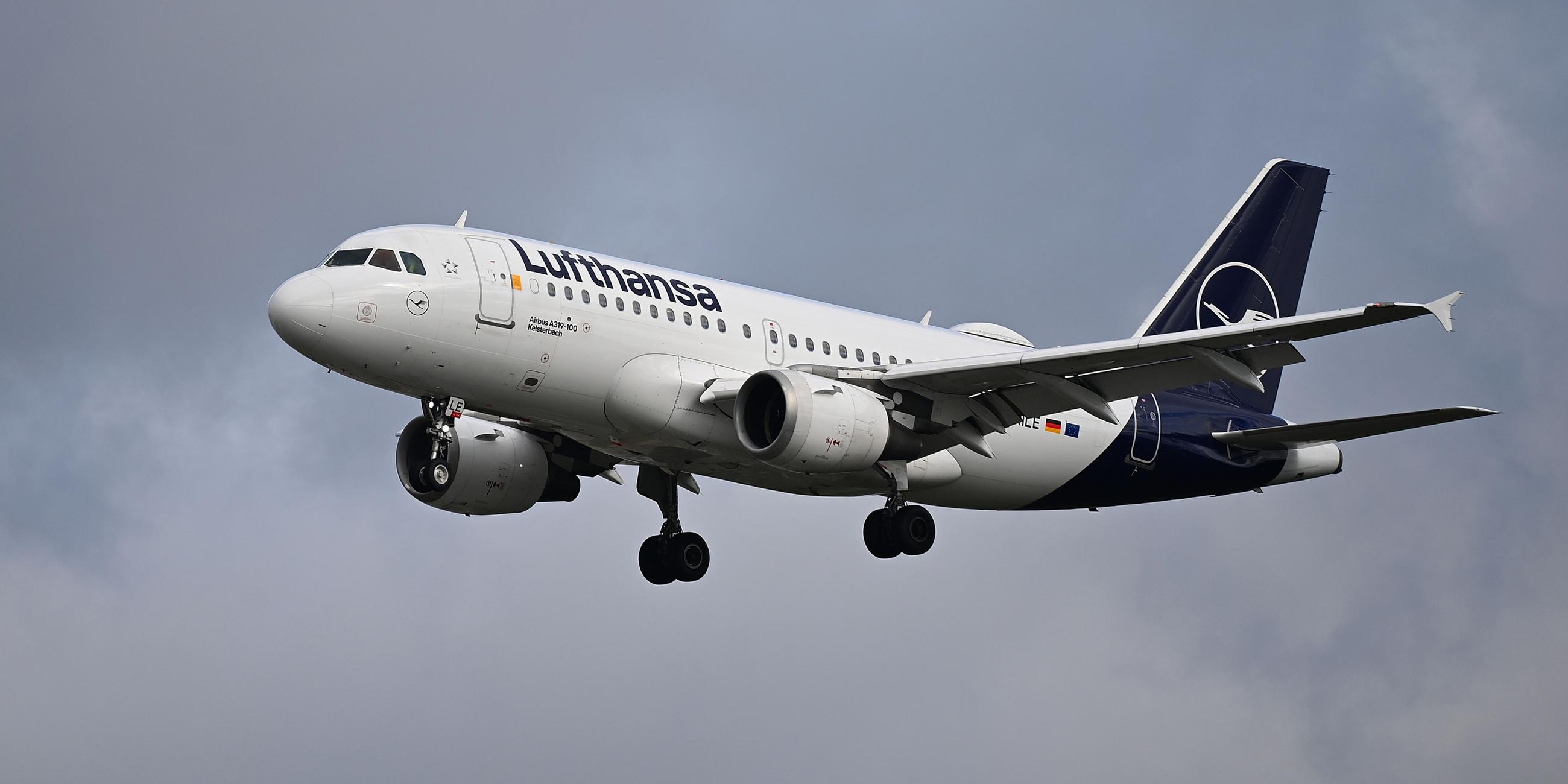 Ein Lufthansa Airbus A319-100 landet am Frankfurter Flughafen Fraport