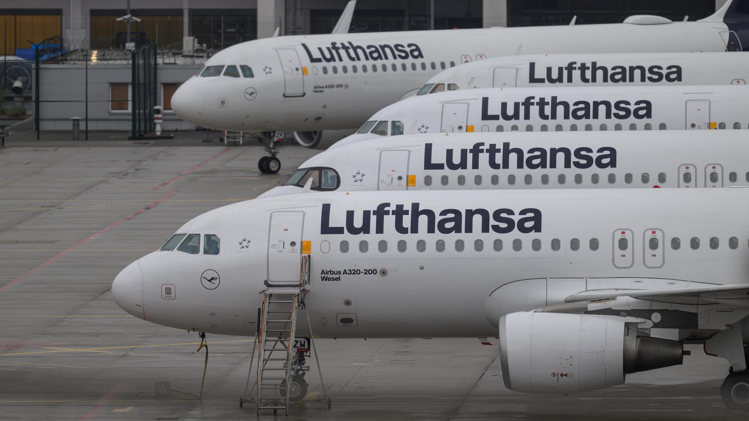 Geparkte Lufthansa Maschinen stehen am Frankfurter Flughafen. 