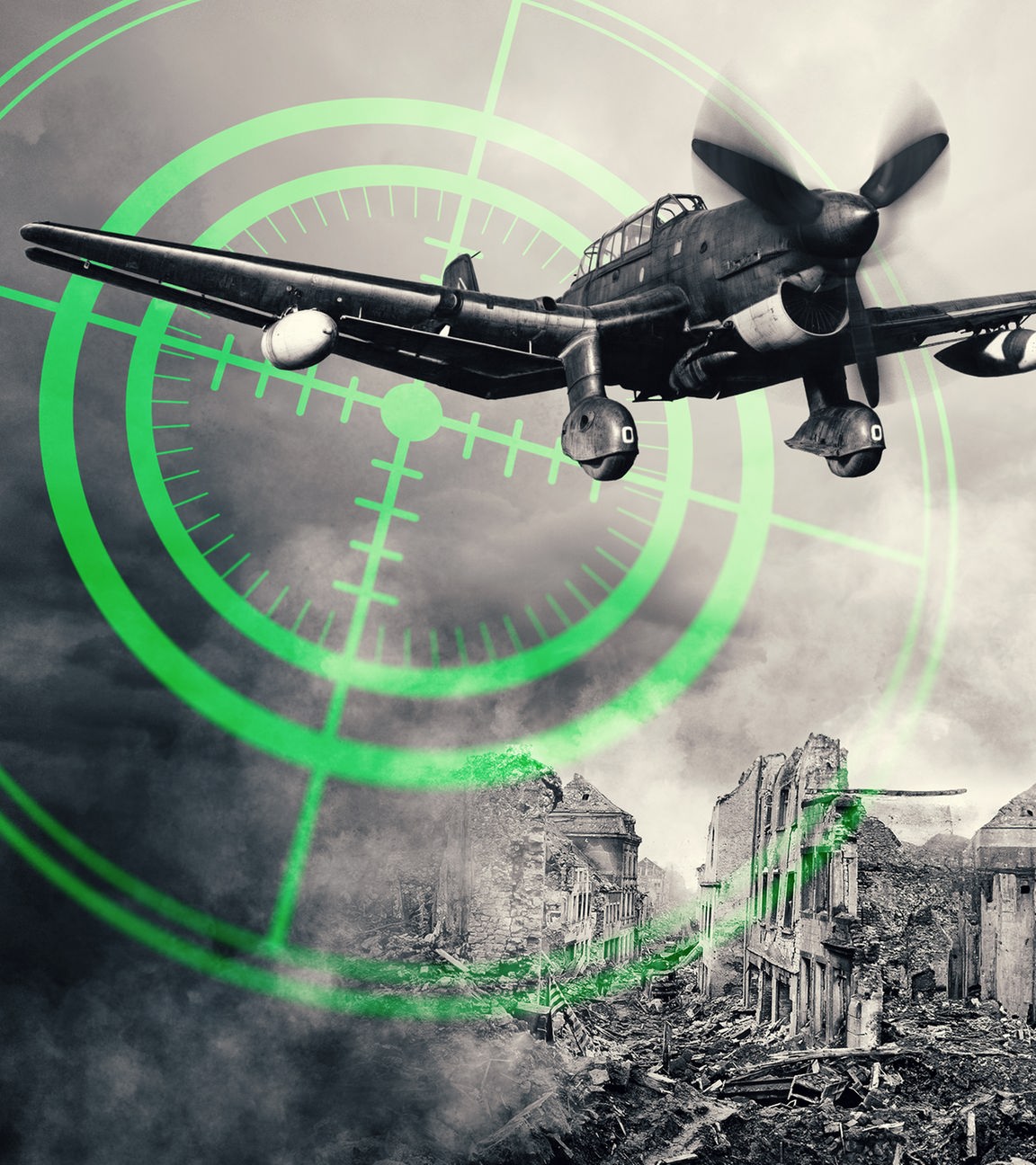 Montage: Ein Sturzkampfbomber vom Typ "Ju 87" fliegt über einer zerstörten Stadt und Rauchwolken. Im Hintergrund liegt ein grünes Fadenkreuz.