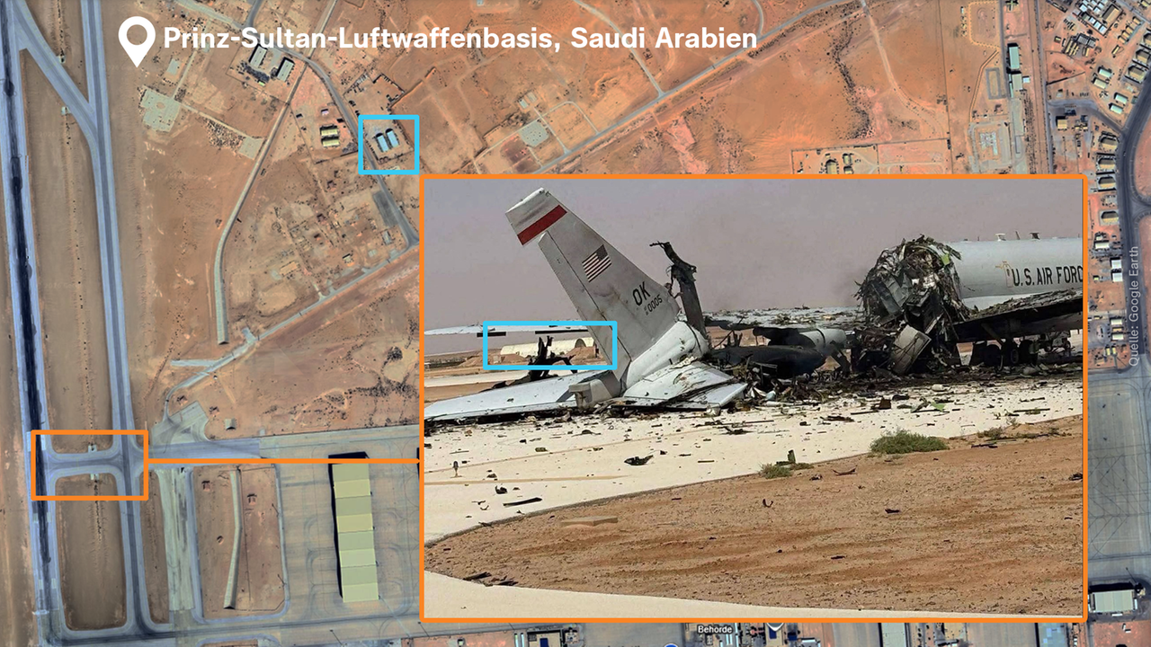 Das Bild zeigt das zerstörte Aufklärungsflugzeug der US-Luftwaffe auf der Air Base, auf einer Satellitenkarte ist markiert, wo genau