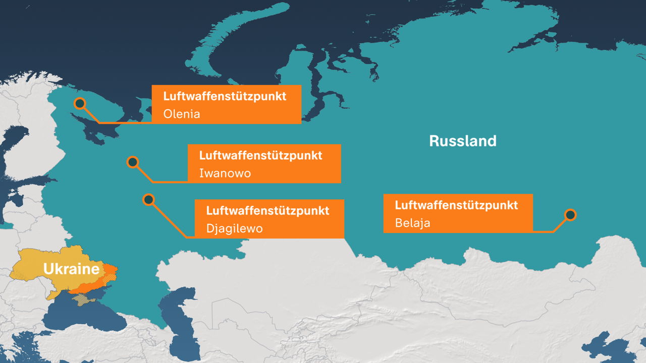 Eine Kartenansicht zeigt die Lage der russischen Luftwaffenstützpunkte "Olenia", "Iwanowo", "Djagilewo" und "Belaja".