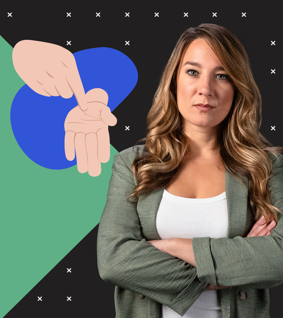 Jasmina Neudecker schaut ernst, neben ihr zwei Hände mit einer autoritären Geste