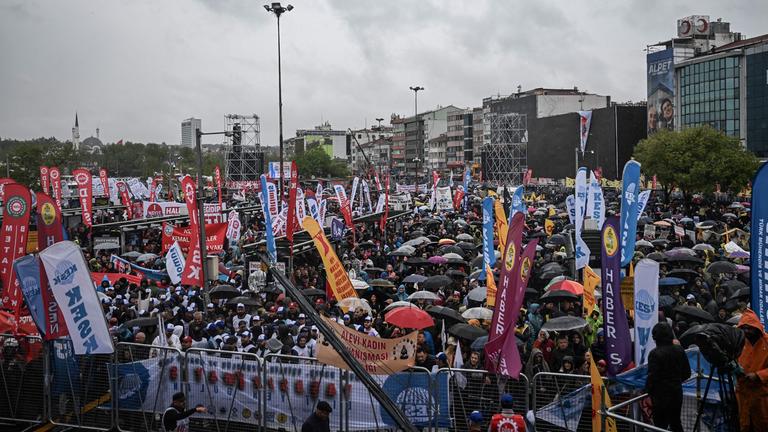 Protesters gather during a May Day (Labour Day) rally, marking International Workers' Day, in the Kadikoy district of Istanbul, on May 1, 2025. 