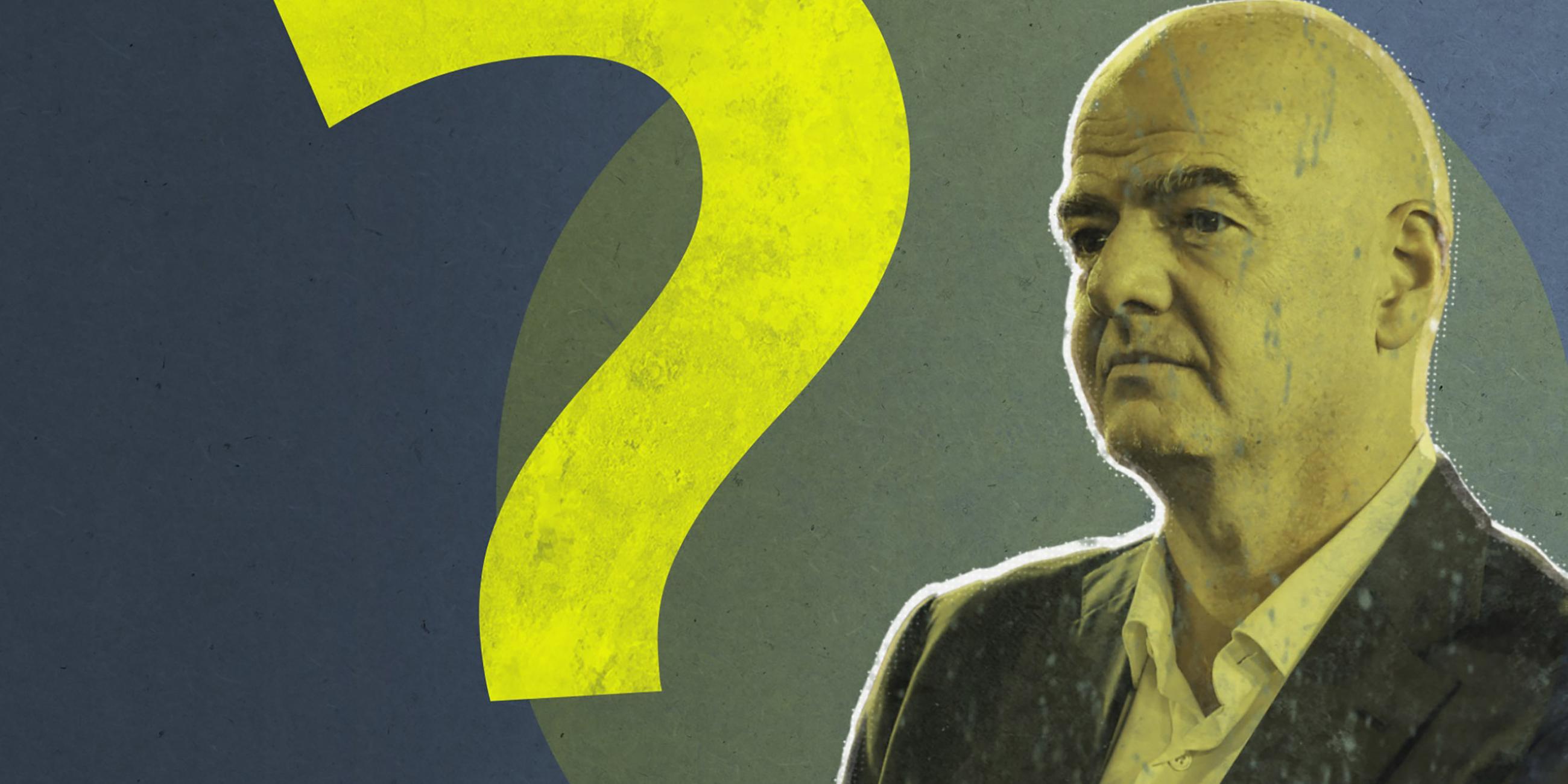 Der Präsident des Weltfußballverbands Fifa Gianni Infantino blickt geradeaus. Er trägt ein Sakko über offenem weißem Hemd. Er ist neben einem großen Fragezeichen zu sehen. Das Foto ist grün- gelb eingefärbt. 