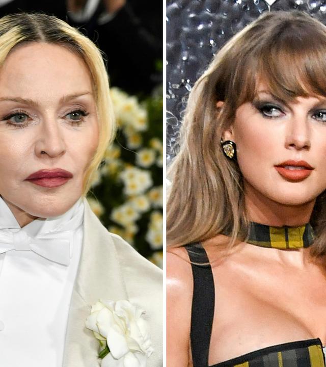 Auf dem Bild sieht man: Links eine Nahaufnahme von Sängerin Madonna und rechts eine Nahaufnahme von Sängerin Taylor Swift