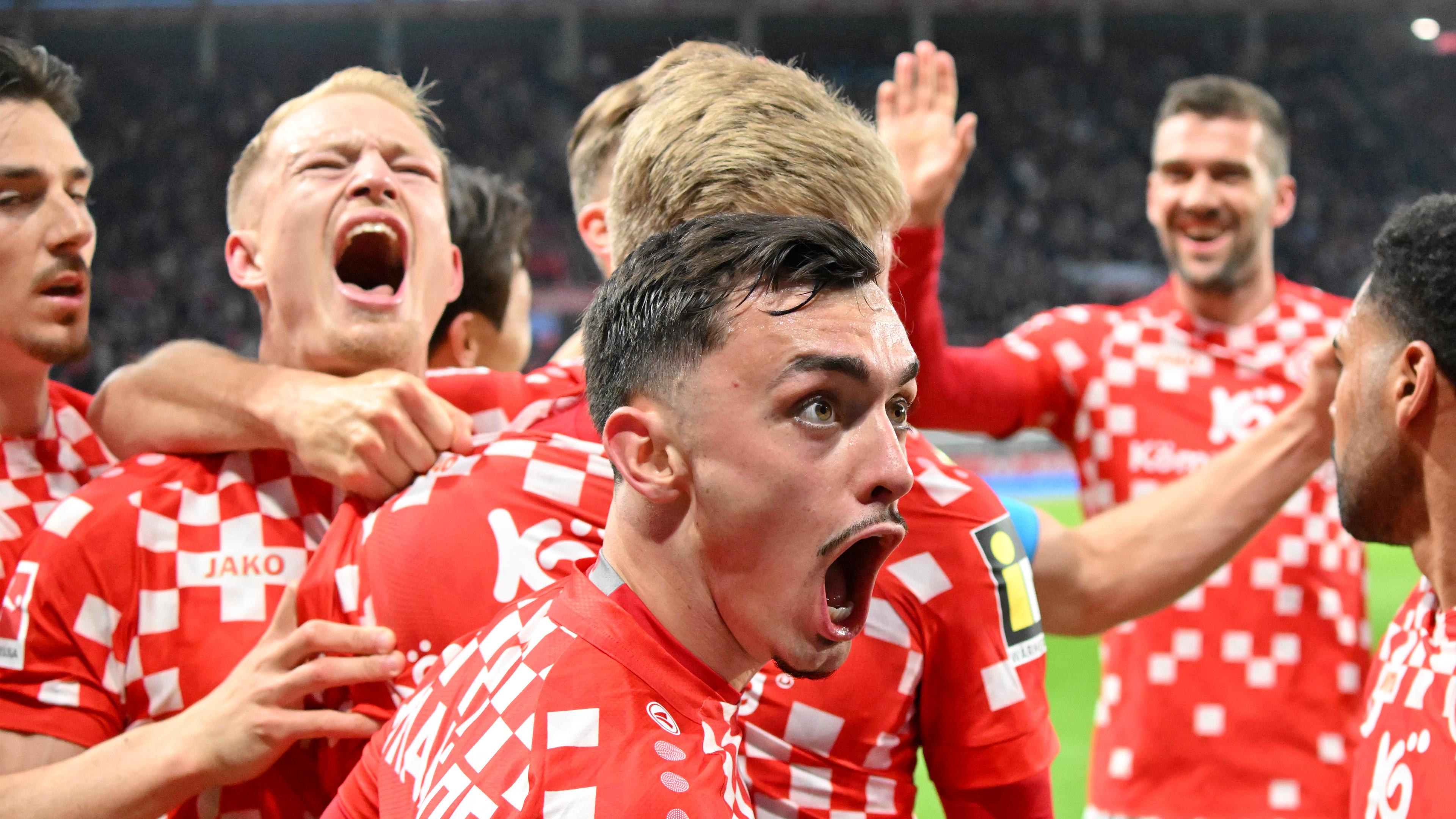 Mainz' Paul Nebel jubelt zum 1:1 gegen Frankfurt am 04.05.2025.