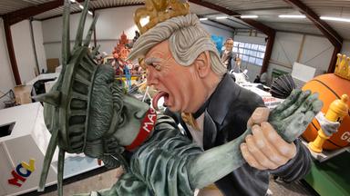 Rheinland-Pfalz, Mainz-Mombach: Stormy Donald heißt dieser Motivwagen des Mainzer Karnevalsvereins für den bevorstehenden Rosenmontag.