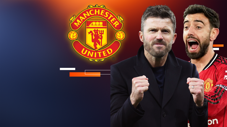 Neben dem Logo von Manchester United Trainer Michael Carrick und Bruno Fernandes.