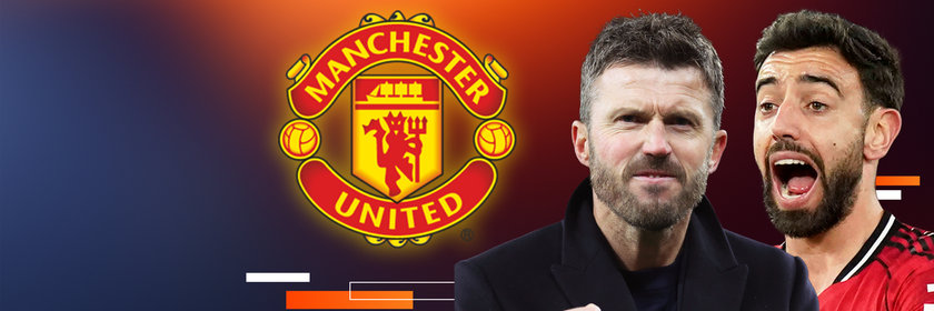 Neben dem Logo von Manchester United Trainer Michael Carrick und Bruno Fernandes.