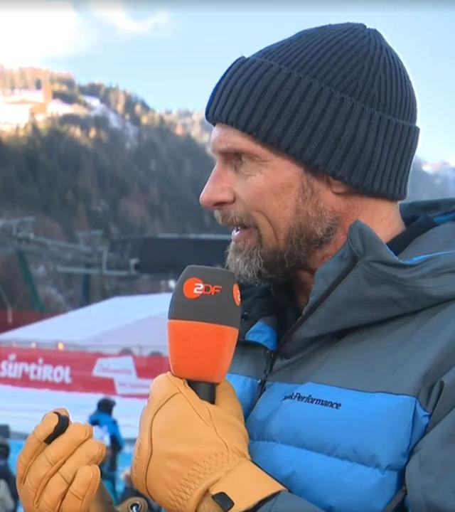 ZDF-Ski-Experte Marco Büchel und Moderatorin Amelie Stiefvatter