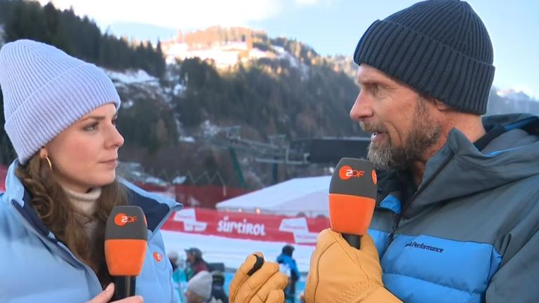 ZDF-Ski-Experte Marco Büchel und Moderatorin Amelie Stiefvatter
