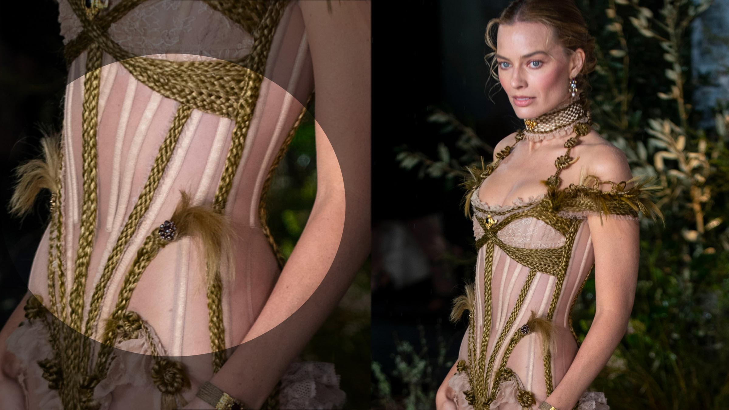 Die Schauspielerin Margot Robbier (rechts) posiert in einem kontroversen Kleid, dass links vergrößert dargestellt ist. 