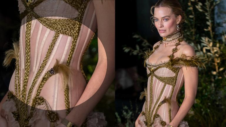 Die Schauspielerin Margot Robbier (rechts) posiert in einem kontroversen Kleid, dass links vergrößert dargestellt ist. 